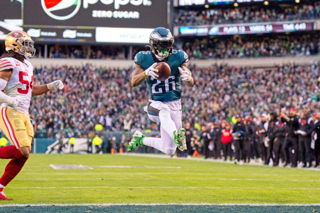 Philadelphia Eagles running back Miles Sanders (26) scores a touchdown during the NFC championship game win over the 49ers. (Photo by Andy Lewis/Icon Sportswire via Getty Images)