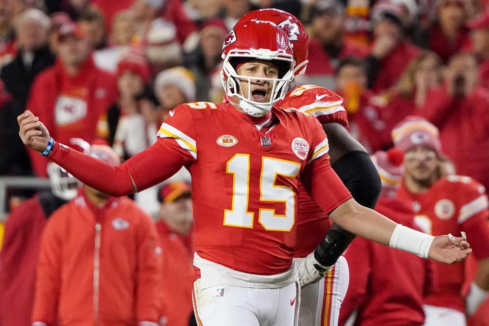 Kansas City Chiefs quarterback Patrick Mahomes (15) gestures to an official after a play against the Buffalo Bills during the second half at GEHA Field at Arrowhead Stadium.