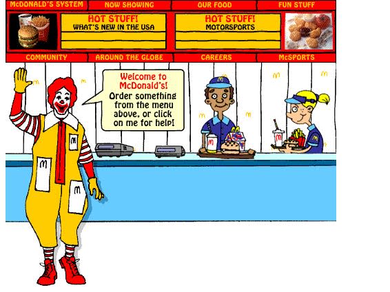 an animated Ronald McDonald the clown and two animated McDonald's employees at the counter