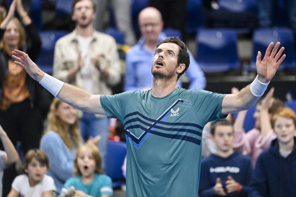 Seen here, British star Andy Murray celebrates a win against American Frances Tiafoe.