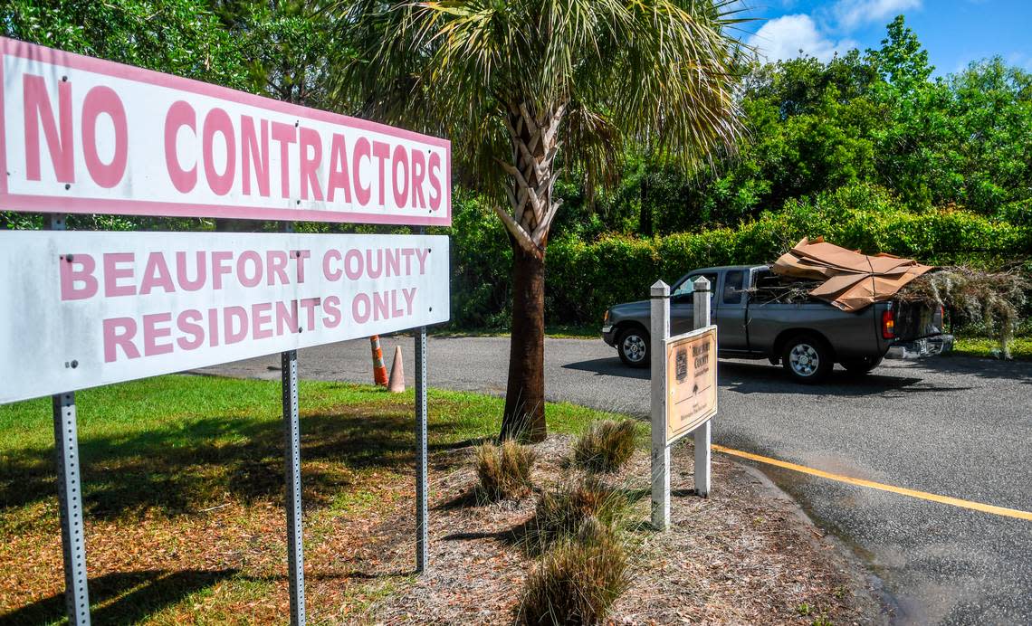 A truck pulls into the Beaufort County Convenience Center on Simmonsville Road on Monday, April 20, 2020, as a sign informs those entering that they must be Beaufort County residents to use the facility.