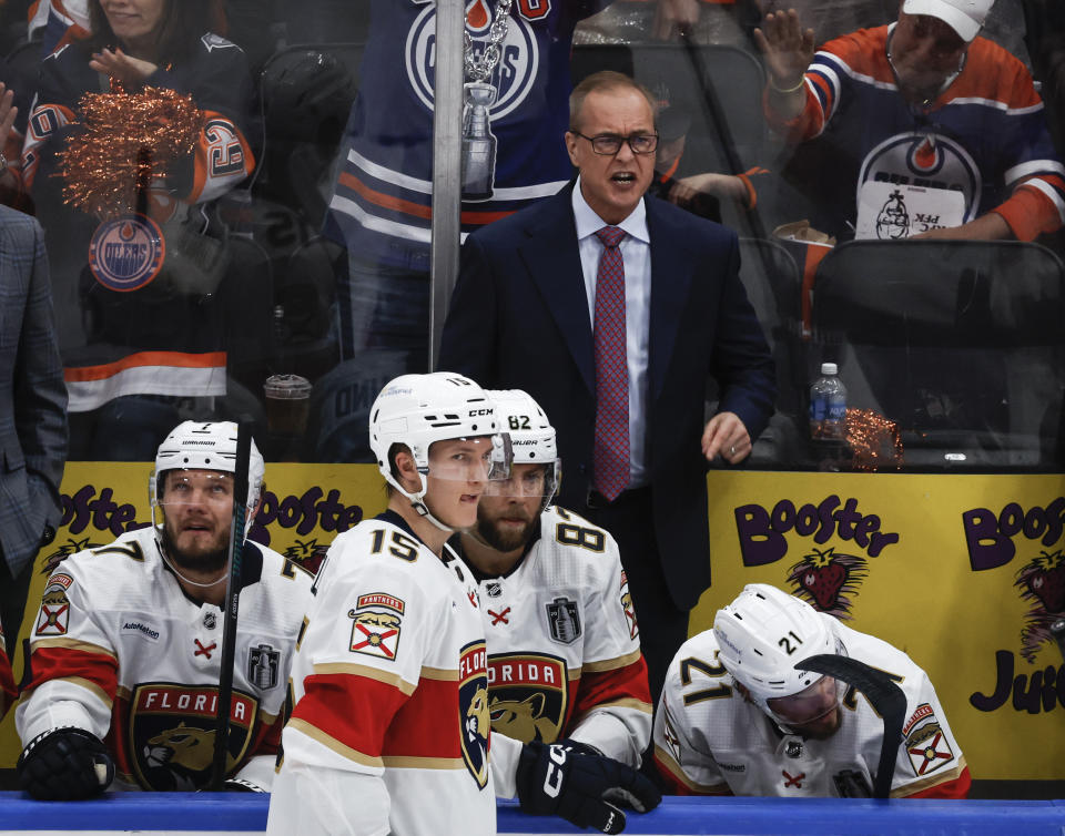 Florida Panthers coach Paul Maurice yells after a Panthers goal was disallowed for offsides, during the second period against the Edmonton Oilers in Game 6 of the NHL hockey Stanley Cup Final, Friday, June 21, 2024, in Edmonton, Alberta. (Jeff McIntosh/The Canadian Press via AP)