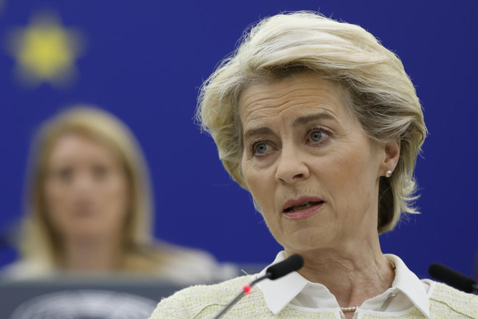 European Commission President Ursula von der Leyen delivers her speech during a debate on the social and economic consequences for the EU of the Russian war in Ukraine, Wednesday, May 4, 2022 at the European Parliament in Strasbourg, eastern France. The European Union's leader on Wednesday called on the 27-nation bloc to ban oil imports from Russia in a sixth package of sanctions targeting Moscow for its war in Ukraine. (AP Photo/Jean-Francois Badias)