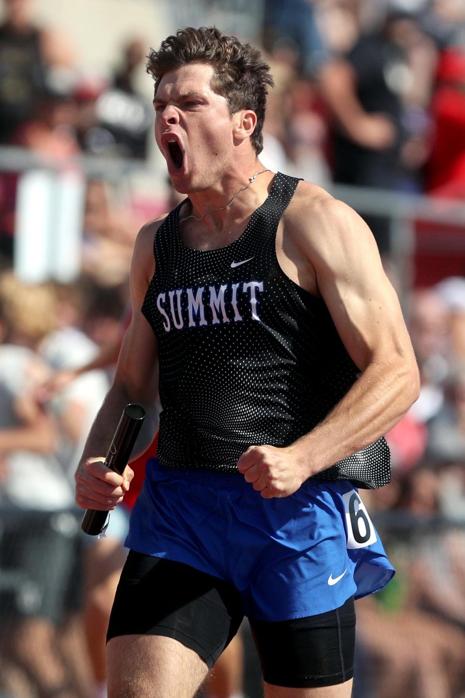 Summit Country Day's Matthew Shuler celebrates a first-place finish in the 4x200 meter relay during the OHSAA Division III State Track and Field Tournament on June 4 at Ohio State University's Jesse Owens Memorial Stadium in Columbus.