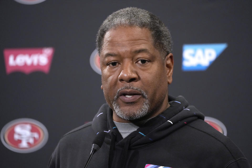 San Francisco 49ers defensive coordinator Steve Wilks speaks to reporters after a practice at the team's NFL football training facility in Santa Clara, Calif., Friday, Feb. 2, 2024. The 49ers will face the Kansas City Chiefs in Super Bowl 58. (AP Photo/Tony Avelar)