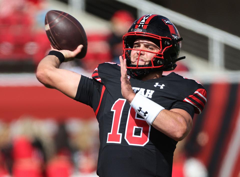 Utah Utes quarterback Bryson Barnes (16) warms up for Cal in Salt Lake City on Saturday, Oct. 14, 2023. | Jeffrey D. Allred, Deseret News