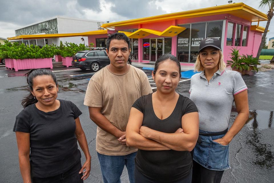 Left to right: Alba Garc’a, Bayron Tinoco, owner Evelyn Lopez and Rosie Guzm‡n outside La Cabana Latin Grill in West Palm Beach on, Fla., on August 24, 2023. The restaurant is moving to Forest Hill Boulevard.