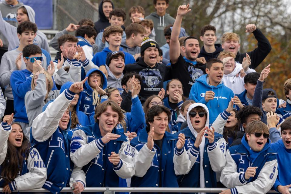 Holmdel fans celebrate. Holmdel Boys Soccer defeats Manasquan in NJSIAA Central Group 2 Championship game in Holmdel, NJ on November 4, 2023.