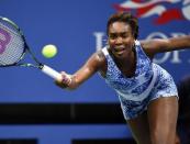 Sep 8, 2015; New York, NY, USA; Venus Williams of the USA hits to Serena Williams of the USA on day nine of the 2015 U.S. Open tennis tournament at USTA Billie Jean King National Tennis Center. Mandatory Credit: Robert Deutsch-USA TODAY Sports