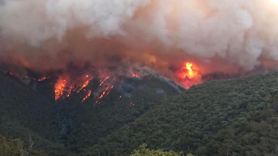 Massive fire burning at East Gippsland, Victoria, shown from above.