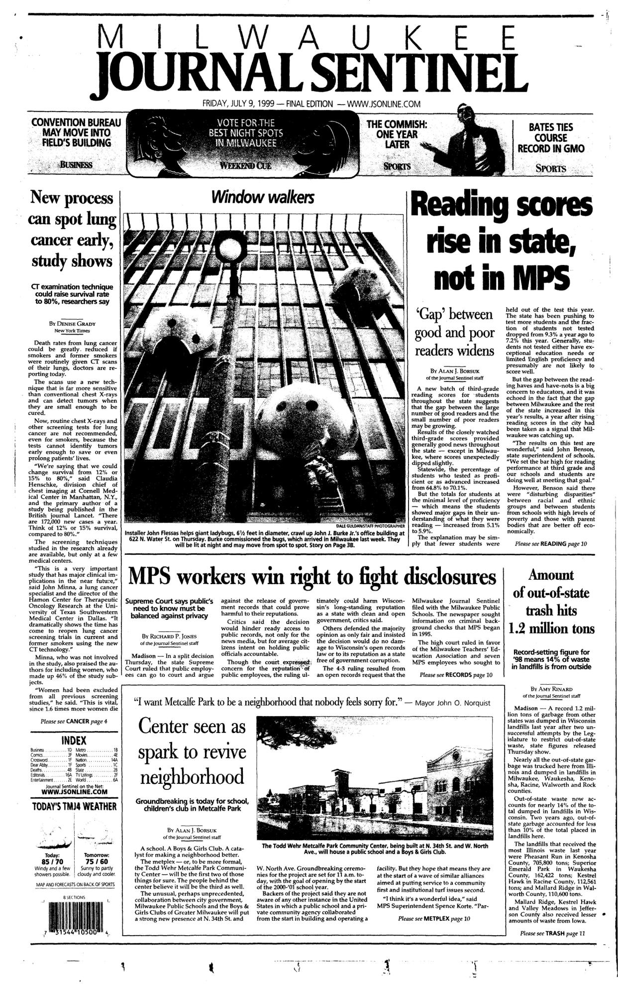 The frontpage of the Milwaukee Journal Sentinel in July 1999 that showed the ladybugs being put up on the Milwaukee Building.