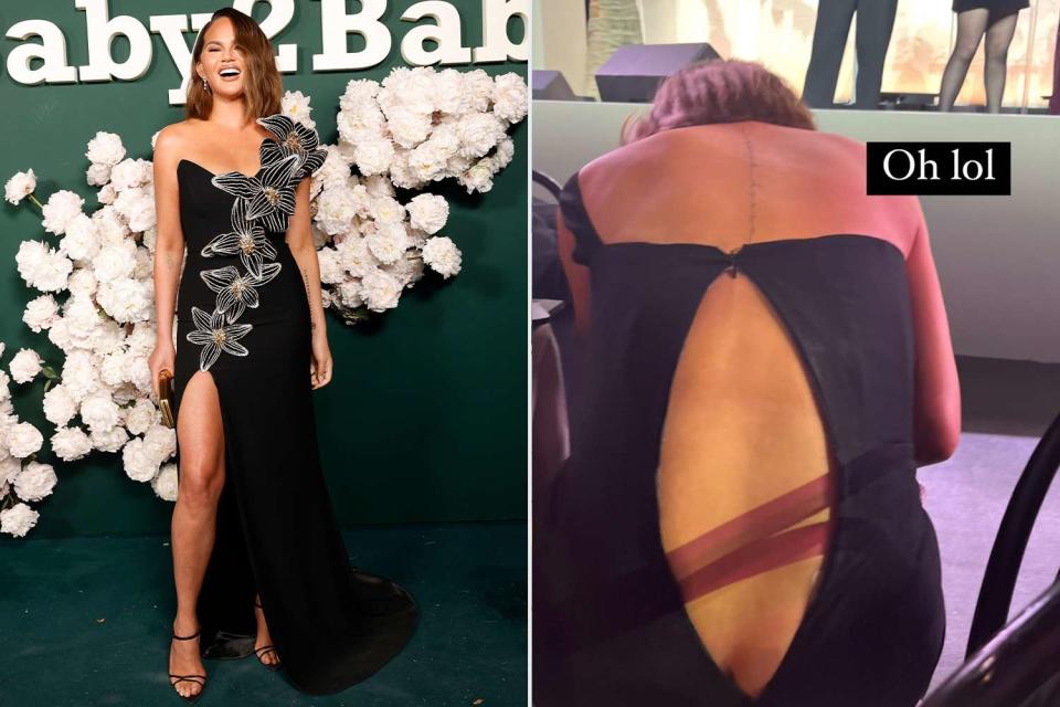 <p>Stefanie Keenan/Getty;Chrissy Teigen/Instagram</p> Chrissy Teigen suffers from a dress mishap at the 2023 Baby2Baby Gala.