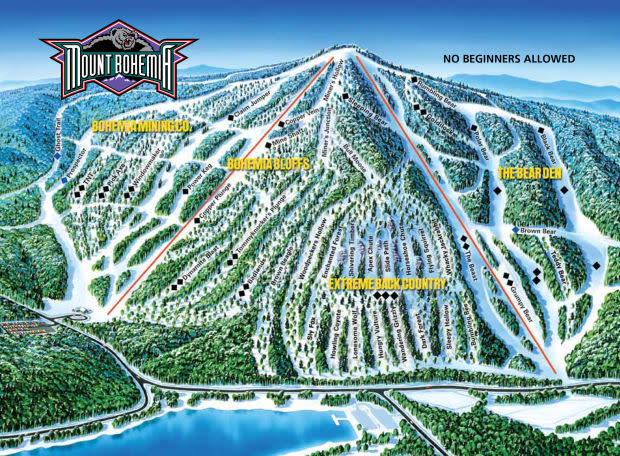 Mount Bohemia frontside trail map. Triple lift (shown as red line on left side of map) will be replaced by SkyTrac in a three-phase approach.