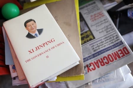 A book about Chinese President Xi Jinping that was given out by the China Embassy is seen at the office of D. Wave Journal, the magazine distributed by the National League for Democracy Party (NLD) in Yangon