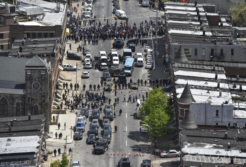 BALTIMORE, MD - APRIL 28: Shown is an aerial view of the aftermath of Monday's riots on April 28, 2015 in Baltimore, Md. Crowds of people in the downtown streets of Baltimore began rioting after funeral services for Freddie Gray. Folks resorted to looting, starting fires, and confrontations with law enforcement leading to several arrests on Monday. (Photo by Ricky Carioti/The Washington Post via Getty Images)