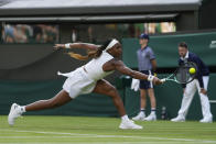 Coco Gauff of the US plays a return to Sofia Kenin of the US during the first round women's singles match on day one of the Wimbledon tennis championships in London, Monday, July 3, 2023. (AP Photo/Alastair Grant)