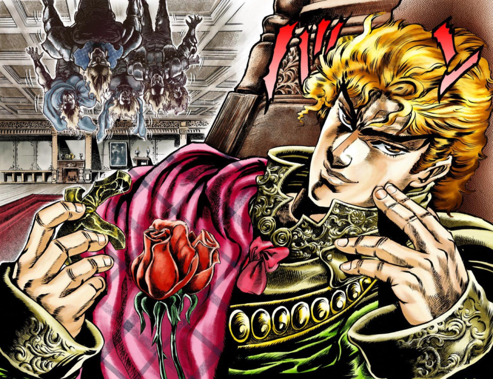 Promo art for JoJo's Bizarre Adventure shows Dio Brado a blonde haired man laying on a sofa wit a rose and armor on