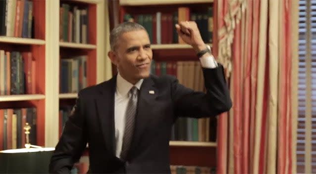 Barack Obama celebrates one of his imaginary basketball shots. Photo: Buzzfeed.
