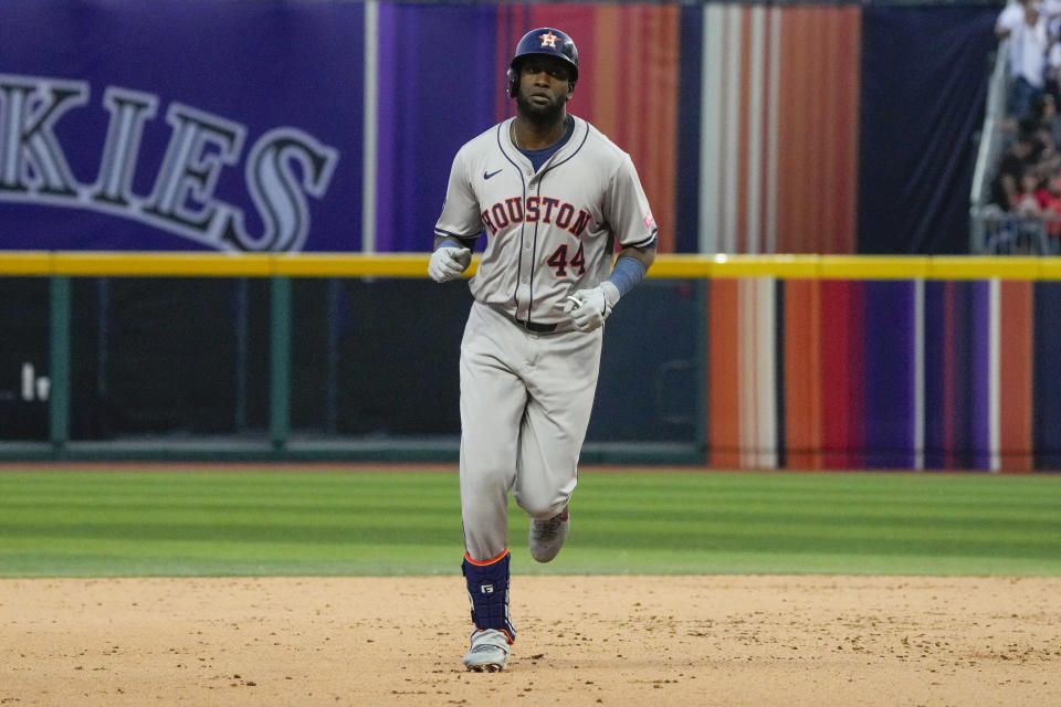 Houston Astros Yordan Alvarez runs the bases after hitting a solo home run against the Colorado Rockies during the ninth inning of a baseball game at Alfredo Harp Helu stadium in Mexico City, Saturday, April 27, 2024. (AP Photo/Fernando Llano)