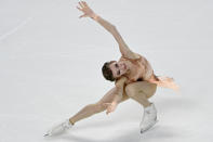 Daria Usacheva, of Russia, performs during the women's short program at the Skate America figure skating event Saturday, Oct. 23, 2021, in Las Vegas. (AP Photo/David Becker)