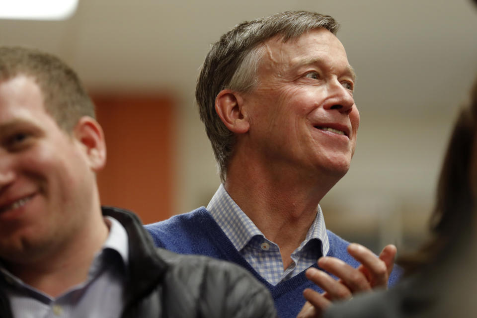 Former Colorado Gov. John Hickenlooper waits to speak at the Story County Democrats' annual soup supper fundraiser, Saturday, Feb. 23, 2019, in Ames, Iowa. (AP Photo/Charlie Neibergall)