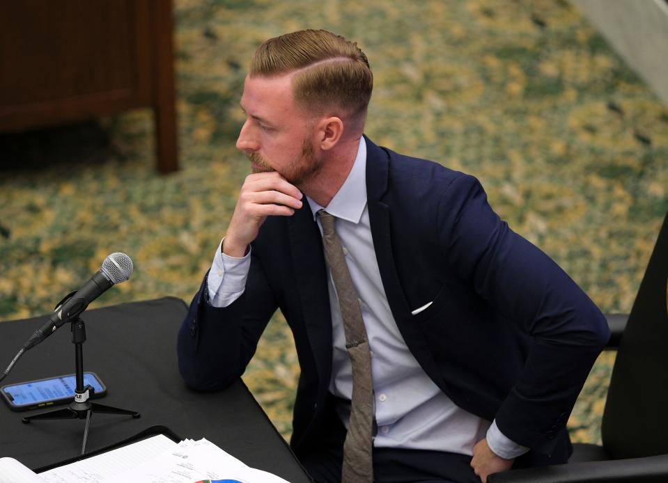 State schools Superintendent Ryan Walters discusses the Oklahoma State Department of Education budget at the House Appropriations and Budget Education committee at the state Capitol.