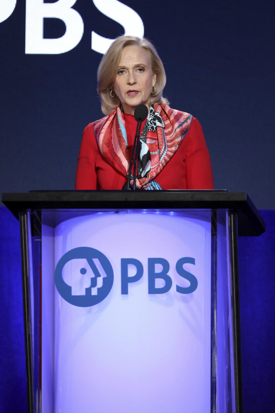 Paula Kerger, President and CEO at PBS speaks at the executive session during the PBS Winter 2020 TCA Press Tour at The Langham Huntington, Pasadena on Friday, Jan. 10, 2020, in Pasadena, Calif. (Photo by Willy Sanjuan/Invision/AP)