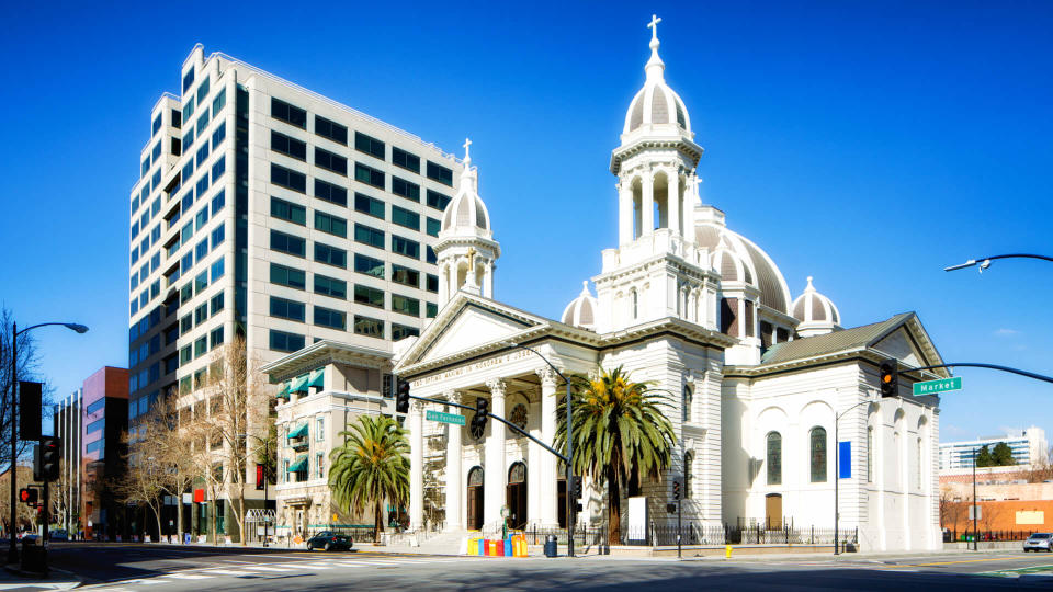 San Jose California Saint Joseph Cathedral as viewed from the corner of Market and San Fernando.