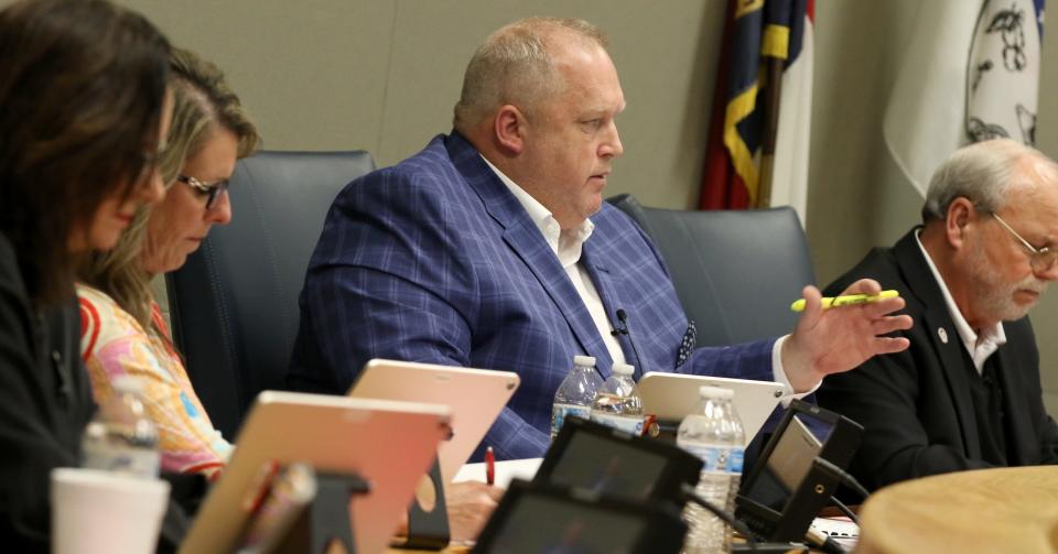 Chairman Chad Brown talks about the process of reassessment and tax rates during a Gaston County Board of Commissioners meeting Tuesday evening, Feb. 28, 2023, at the Gaston County Courthouse.