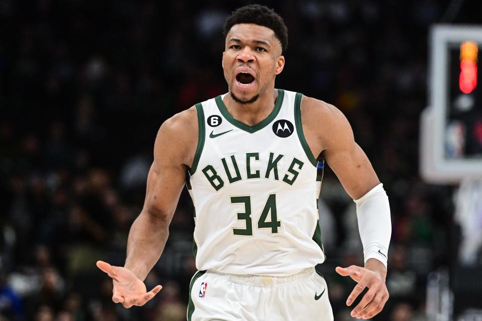 Milwaukee Bucks forward Giannis Antetokounmpo reacts during a game against the Philadelphia 76ers at Fiserv Forum.