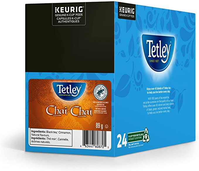 Tetley Chai Tea K-Cup pods for Keurig brewers, 24 count. Image via Amazon.