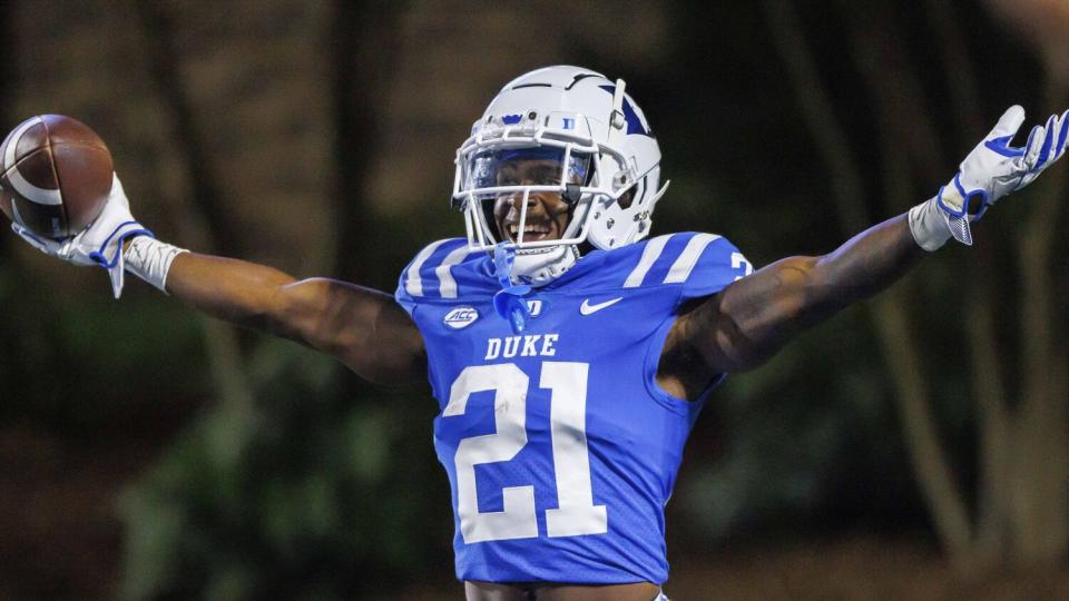 Duke's Eric Weatherly celebrates after scoring a touchdown against North Carolina A&T on Sept. 17.