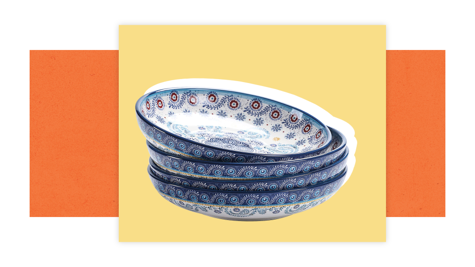 These colorful bowls come in an assortment of vibrant designs.