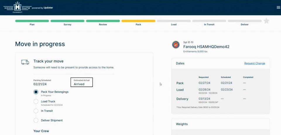A screenshot of HomeSafe Alliance's customized dashboard in which military families can track their moving process step-by-step under the new GHC system.