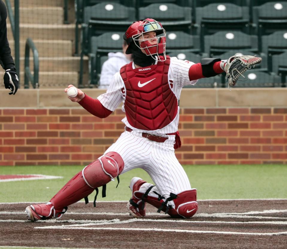 Sooner catcher Easton Carmichael throws as the University of Oklahoma Sooners (OU) baseball team plays Rider at L. Dale Mitchell Park on Feb. 24, 2023 in Norman, Okla.  [Steve Sisney/For The Oklahoman]