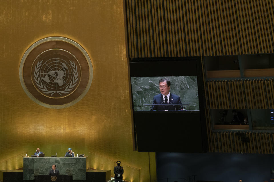 South Korea's President Moon Jae-in addresses the 76th Session of the U.N. General Assembly at United Nations headquarters in New York, on Tuesday, Sept. 21, 2021. (Eduardo Munoz/Pool Photo via AP)