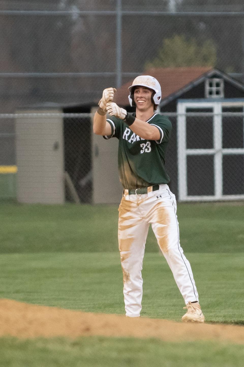 Pennridge's Matt Atchley celebrates a two-run double in a 5-2 win over Central Bucks South.