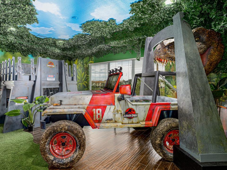 A Jurassic Park-themed bedroom.