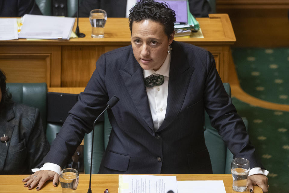 New Zealand Justice Minister Kiri Allan speaks during Question Time, in Parliament, Wellington, New Zealand, Tuesday, July 18, 2023. Allan resigned Monday, July 24, after police charged her with reckless driving and resisting arrest following a car crash. (Mark Mitchell/NZ Herald via AP)