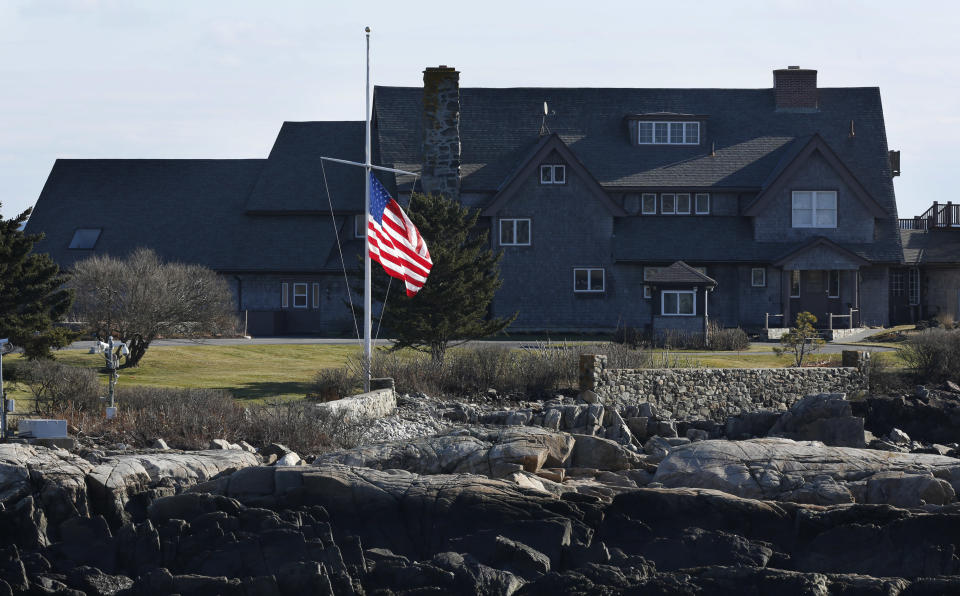 The American flag flies at half-mast at Walker's Point, the summer home of former President George H. W. Bush, Saturday, Dec. 1, 2018, in Kennebunkport, Maine. Bush died at the age of 94 on Friday, about eight months after the death of his wife, Barbara Bush. (AP Photo/Robert F. Bukaty)