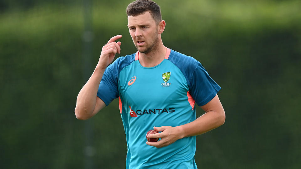 Josh Hazlewood is pictured at an Australia training session.