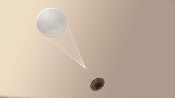 Artist impression of the Schiaparelli module after the parachute has been deployed, in happier times.