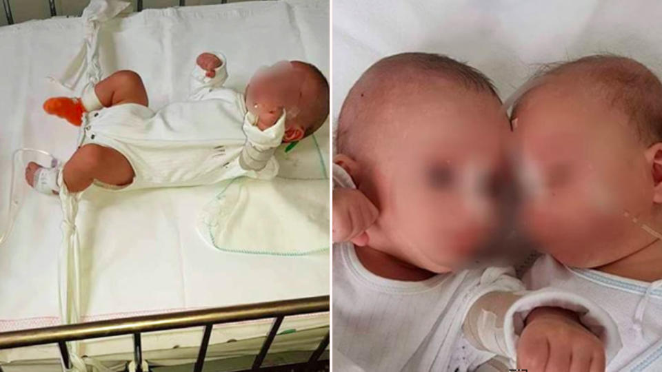 A mother was shocked when she turned up to visit her sick babies in hospital to find the nurse had tied one of them up in its crib and both of them were left with full nappies. Source: CEN/Australscope