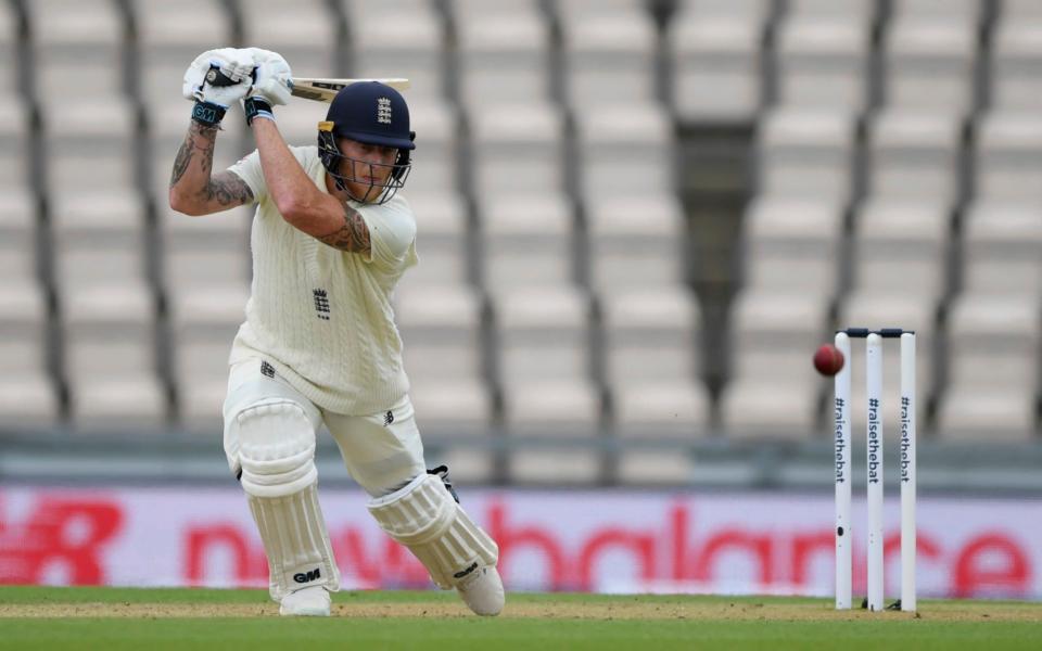 England captain Ben Stokes plays a shot during the second day of the first cricket Test match between England and West Indies, at the Ageas Bowl in Southampton, England, Thursday, July 9, 2020 - Mike Hewitt/Pool via AP