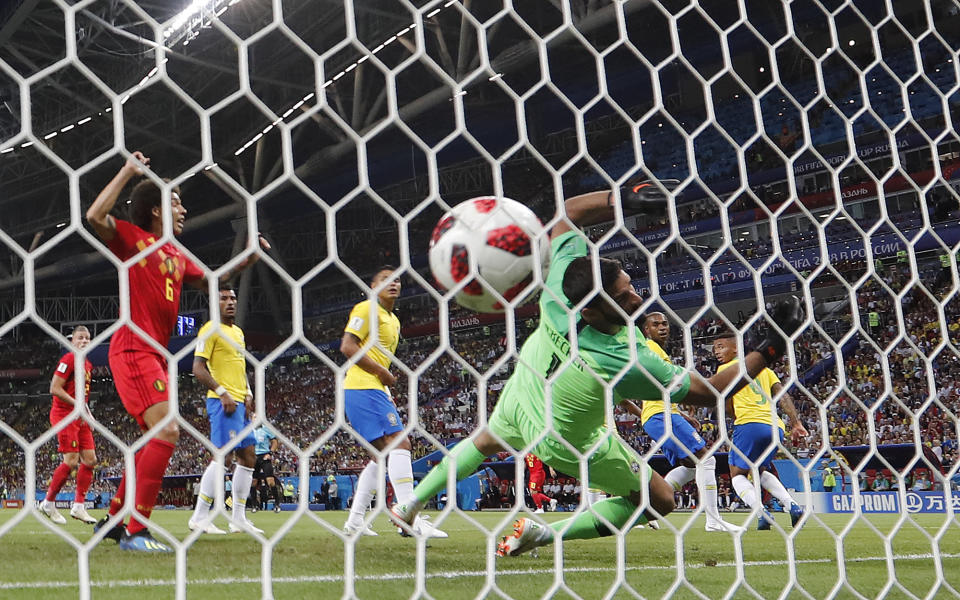 <p>Brazil goalkeeper Alisson has no chance to stop Fernandinho’s own goal </p>