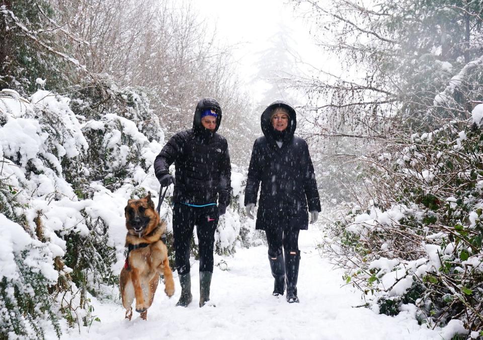 Sylvia Ferguson and her son Sam (left) walking with their dog Jasper in the Dublin mountains following heavy snow fall. Status orange snow/ice warnings have been put in place for large portions of the Republic of Ireland, as the national forecaster upgraded alerts due to bad weather (PA)