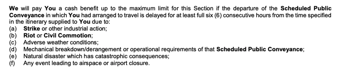 This image shows UOB PRVI's travel insurance policy stating that it covers travel delays due to industrial actions and strikes