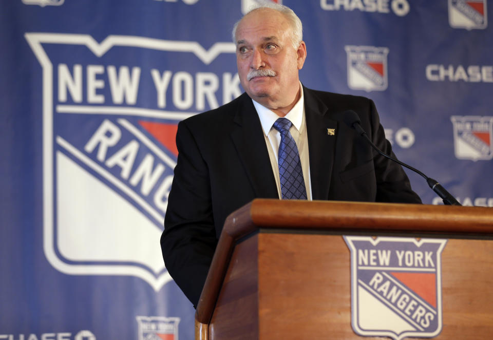 FILE - John Davidson, the new president of the New York Rangers, speaks during a news conference in New York, in this Wednesday, May 22, 2019, file photo. The New York Rangers abruptly fired president John Davidson and general manager Jeff Gorton on Wednesday, May 5, 2021 with three games left in the season. Chris Drury was named president and GM. He previously served as associate GM under Davidson and Gorton. (AP Photo/Seth Wenig, File)