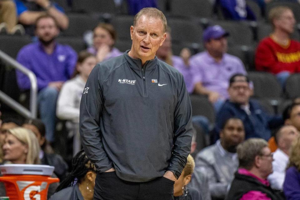 Kansas State Wildcats head coach Jeff Mittie reacts to a play in the second half of a Big 12 Tournament NCAA women’s basketball game against the West Virginia Mountaineers at T-Mobile Center on Saturday, March 9, 2024, in Kansas City.