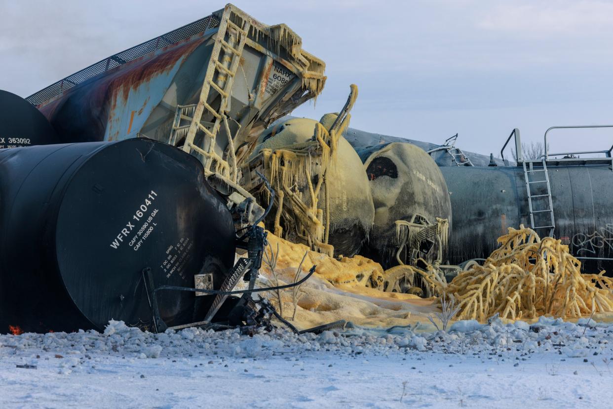 The BNSF freight train was carrying ethanol and corn syrup when it derailed in rural Minnesota (AP)